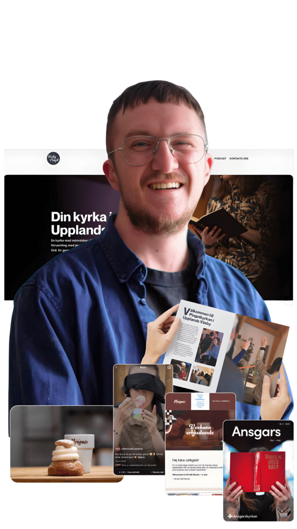 Tim Palmqvist med hemsida, inlägg, nyhetsbrev, broschyr, produktfoto - som jag gjort.